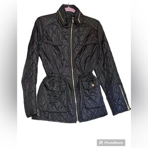 Sam Edelman women camping outdoor rain black quilted gold zip jacket cinched Med